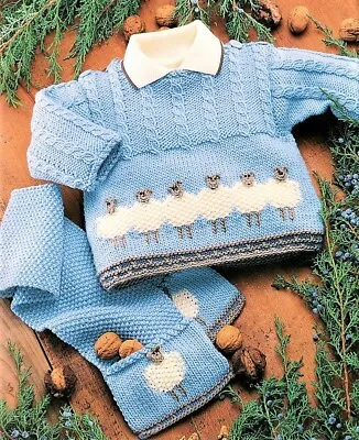 Baby Boys Sheep Motif Sweater Hat Scarf Jacket DK Knitting Pattern 16 -22 Jumper • £2.15