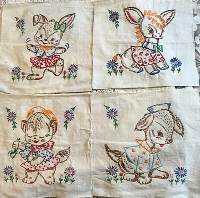 Vintage Hand-Embroidered Cute Baby Animals Quilt Blocks 8.5  Square Puppy Kitten • $7.50