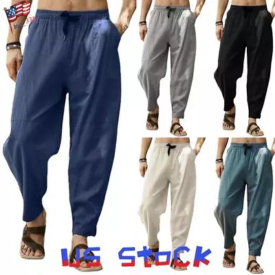Men's Cotton Linen Pants Joggers Casual Elastic Waist Loose Yoga Harem Trousers • $18.69
