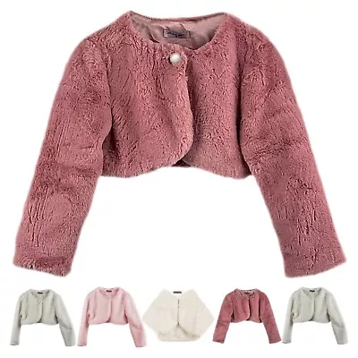 Girls Faux Fur Bolero Bridesmaid Tippet Wrap Stole Shrug Ivory Pink 2-12 Years • £14.99