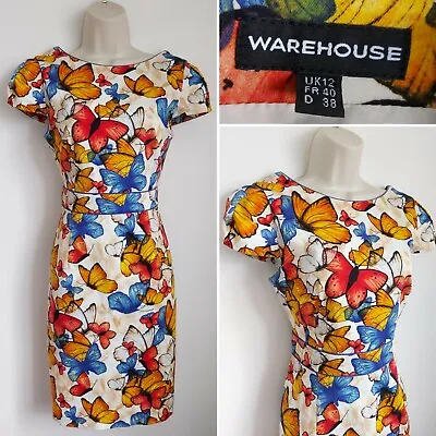 WAREHOUSE Multicolour Butterfly Pencil Wiggle Dress 12 Wedding Races Occasion  • £17.50