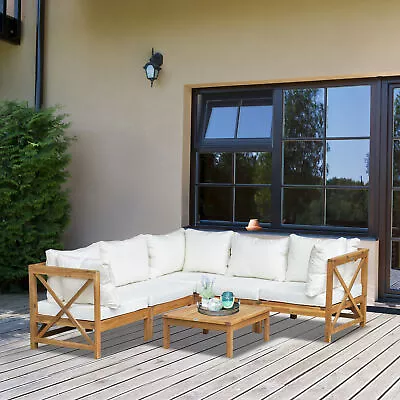 6 PCS Wooden Frame Outdoor Patio Garden Corner Sofa Set W/ Cushions Coffee Table • £659.99