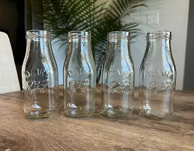 Set Of 4 Vintage Mini Milk Glass Bottle Embossed  Dairy  And Cow • $25