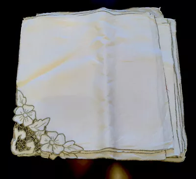 Vintage Set 10 Madeira Linen Embroidered Dinner Napkins 16 X 16 1/2 Beige Thread • $49.95