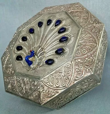 £176 • Buy 999 Silver Enamel Repousse Peacock Marriage Box HM Asian Jewellery Trinket Blue