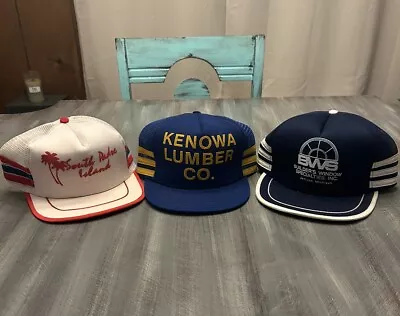 Lot Vintage 80s 3 Three Stripe Hats Trucker Mesh Snapback USA • $49.99