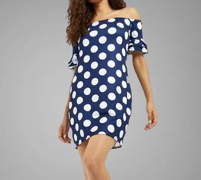 Navy Blue And White Polka Dot Off The Shoulder Shift Dress Size 12 • £9.99