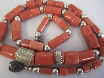 VINTAGE CHINESE CORAL NECKLACE With STERLING SILVER CLASP AND BEADS • $145