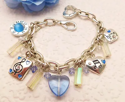 Vintage Ajmc Musical Note Blue Heart Charm Bracelet • $10