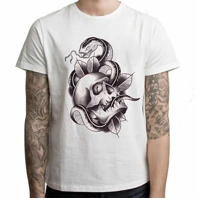 Skull & Snake Tattoo Men's T-Shirt - Goth Emo Clothing Fashion • £12.95