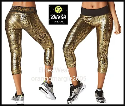 Zumba All Night Capri Crop Leggings Black W Gold Foil Metallic EliteZW SMLXL • £67.55