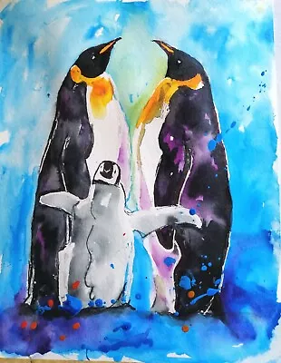 ORIGINAL Watercolour PAINTING Penguin Zoom Workshop  14  X11  Marilyn Allis • £29.99