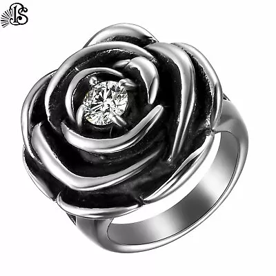 Vintage Detailed Rose Flower Ring CZ Women Girls Stainless Steel Band Size 6-10 • $8.99