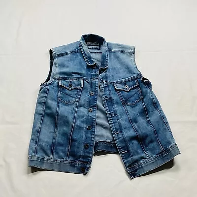 Ring Of Fire Jean Jacket Vest Mens Size XXL Blue Denim Faded Button Up Pockets • $19.49