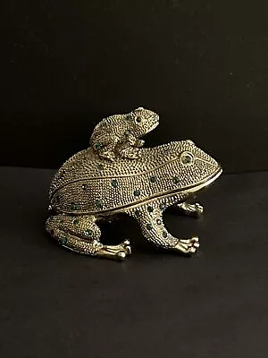 Vtg Bombay Brass Frog Piggy Back 3 Pc Desk Set Emerald Jeweled. • $38