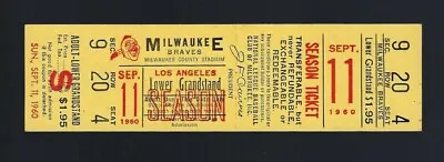 Vintage 1960 Los Angeles Dodgers @ Milwaukee Braves Full Ticket - Sept 11 • $39