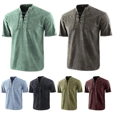 £12.99 • Buy Mens Short Sleeve Plain Henley Shirts Casual Baggy Lace Up Vintage T-shirt Tops