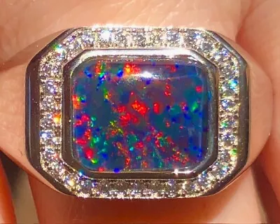 FIERY SOLID Natural Black Red Opal Men's Ring Signet **SEE VIDEO 13 Z+ • $359
