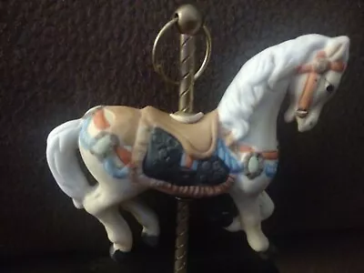 Vintage Ucgc Taiwan 4 1/2  Tall Porcelain Carousel Horse Figurine On Wooden Base • $8