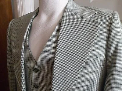 Vtg 70's 2 Pc Polyester CENTURY CLUB Houndstooth Sport Coat Blazer VEST 37R Grn • $150