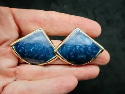 Vintage-1980's Gold Tone Navy Enamel Pierced Earrings • $13.49