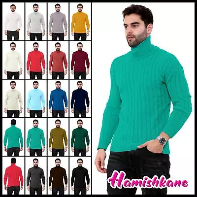 Mens High Polo Neck Cable Knitted Jumper Casual Winter Pullover Warm Sweater Top • £14.23