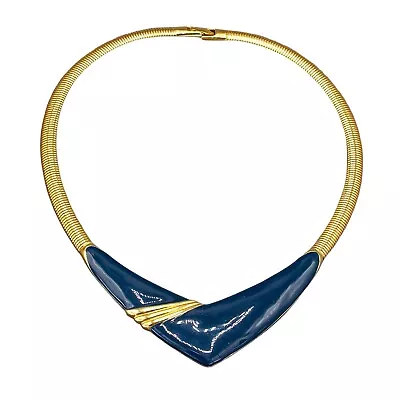 Vintage Monet Gold Snake Chain Modern Abstract Blue Enamel Necklace • $29.95