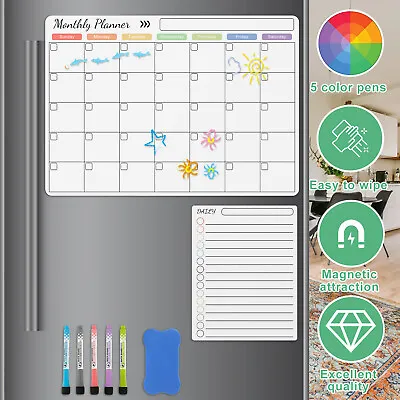 Magnetic Dry Erase Calendar For Fridge Reusable Monthly Planner Board Anti-Slip. • £11.90