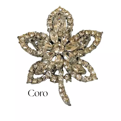 Coro Crystal - Vintage Coro Signed Clear Rhinestone Floral Leaf Pin/Brooch • $0.99