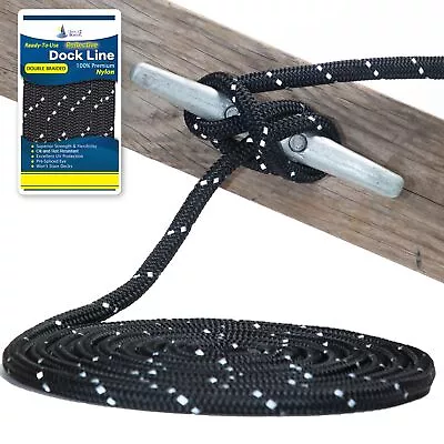 5/8  X 25' Black REFLECTIVE Double Braided Nylon Dock Line - For Boats Up To • $36.98