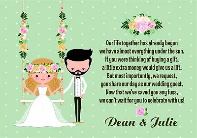 10 Personalised Wedding Honeymoon Gift Money Poem Cards Honeymoon Wish Inserts • £2.99