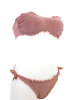 Rose Gold Shiny Bikini Power Flower Swimsuit Bandeau Top Tie Bottoms Frill UK 12 • £17.99