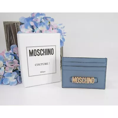 Moschino Couture Dust Blue Crystal Logo Leather Card Case Holder NWT • $136.15