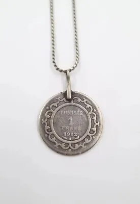 Tunisia Silver Franc Pendant 1912 On Silver Serpentine Chain Antique Jewellery  • £16.70