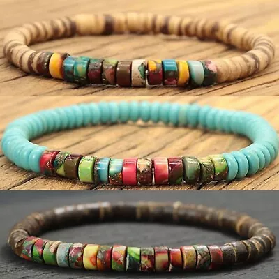 Natural Gemstone Wooden Wood Beaded Healing Dainty Simple Men Surfer Bracelet • $11.99