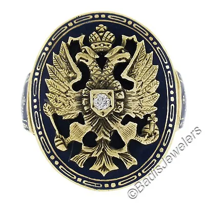 Vintage 14K Gold Diamond Blue Enamel Imperial Eagle Russian Style Cocktail Ring • $3988