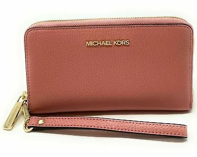 Michael Kors Jet Set Travel Phone Case Wallet Wristlet Rose Leather / Gold FS  • $77.99