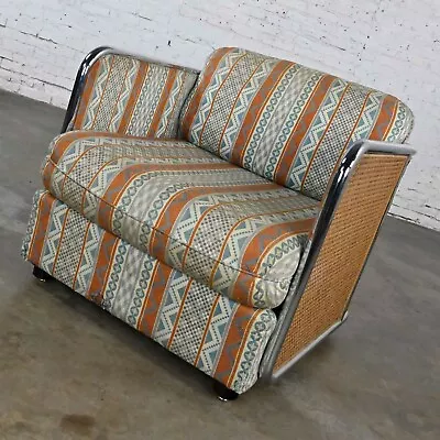 Milo Baughman Chrome & Cane Square Tub Chair Blue Rust Fabric 1438 Thayer Coggin • $4995