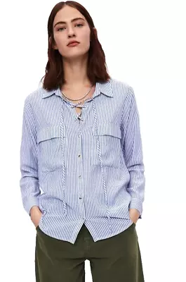 Zara M Women's Blue White Striped Lace Up Pocket Button Top Blouse • $19.79