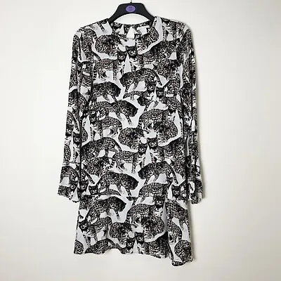 H&M Women’s Bengal Cat Print Short Dress Long Sleeve Cocktail Party Size UK 6 • $18.64