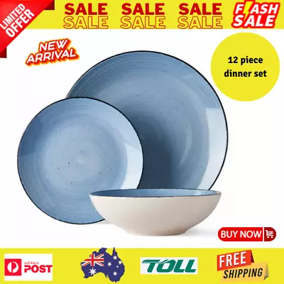 $37.10 • Buy Stoneware Tapas 12 Piece Dinner Set Blue Microwave And Dishwasher Free Postage