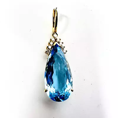 Vintage 14k Yellow Gold Large Faceted Pear Blue Topaz And Diamond Pendant • $699.95