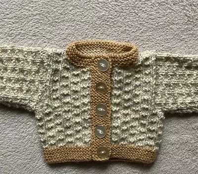 Hand Knitted Baby Cardigan In Soft Acrylicin Cream Pattern And Brown Edges 0/3 • £5