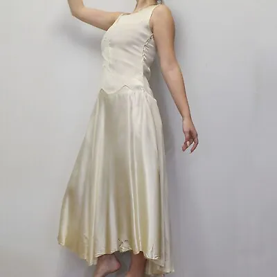 Vintage 20s Flapper Wedding Dress Drop Waist Silky Tea Length Glamorous Dress • $165