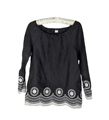 J. Crew Sz S Women's Black Embroidered Long Sleeve Linen Tunic Blouse • $0.99