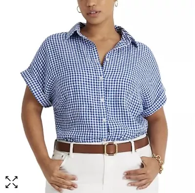 $125 Ralph Lauren Women 1x Gingham Linen Dolman Sleeve Shirt Summer Blue White • $54.95