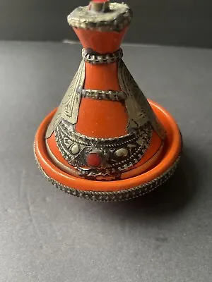 Morrocan Spice Ceramic Metal Inlaid Spice Holder Decorative Burnt Orange Vintage • $25
