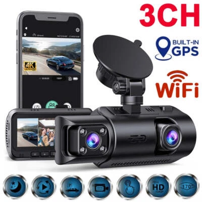 $189.19 • Buy TOGUARD 3 Channel WiFi GPS 4K Dash Cam Front Inside And Rear 3CH Car Camera