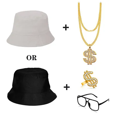 1980s 1990s Hip Hop Costume Accessories Set Mens Bucket Hat Necklace Ring Glass • £13.69