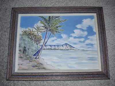 Vintage Hawaiian Oil Painting S.Y. Ing 39 - Hawaii Diamond Head Beach & Palms • $285